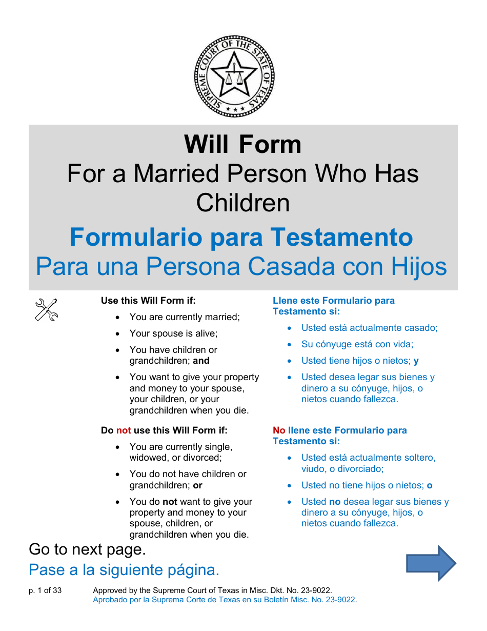 Will Form for a Married Person Who Has Children - Texas (English / Spanish), Page 1