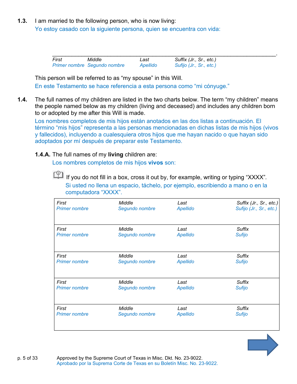 Will Form for a Married Person Who Has Children - Texas (English / Spanish), Page 5