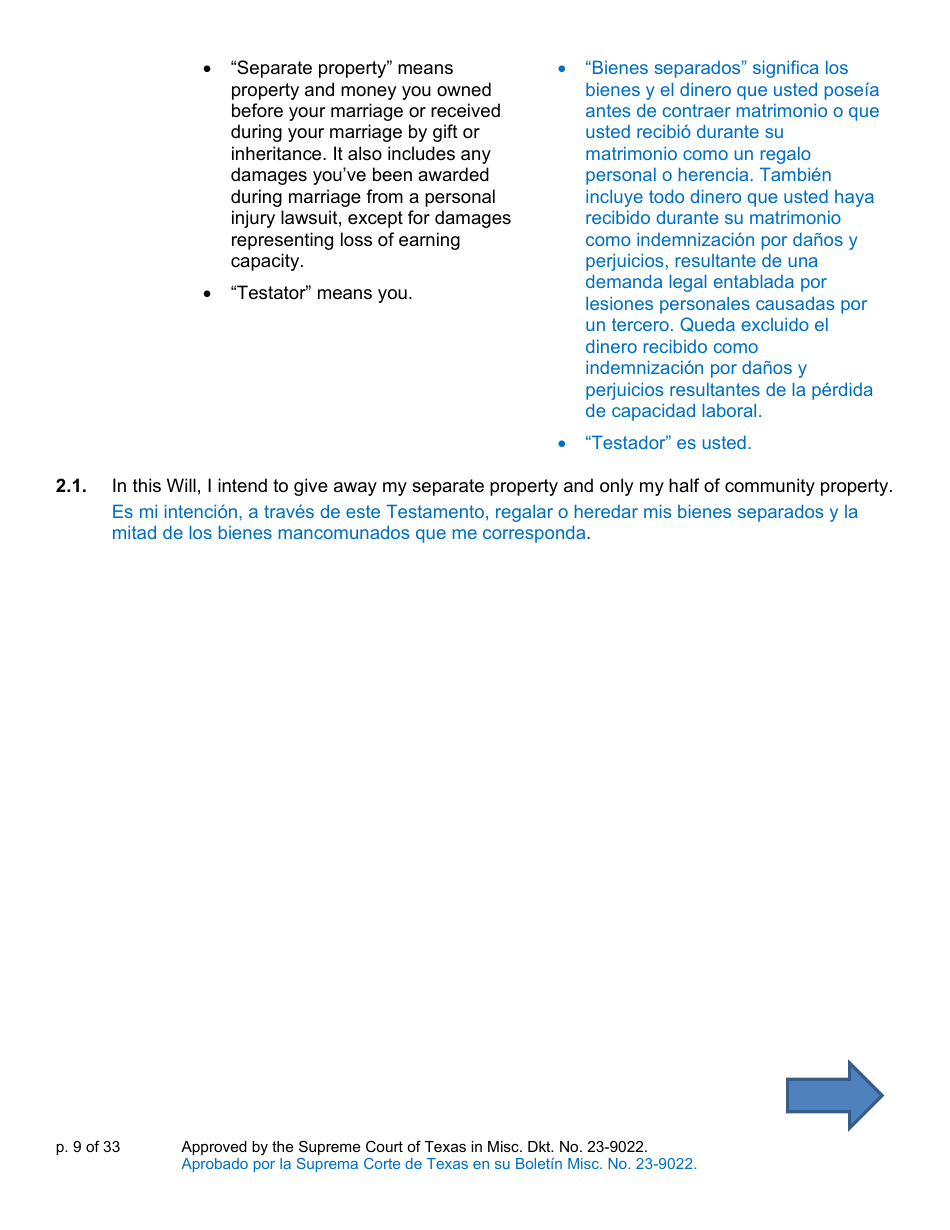 Will Form for a Married Person Who Has Children - Texas (English / Spanish), Page 9