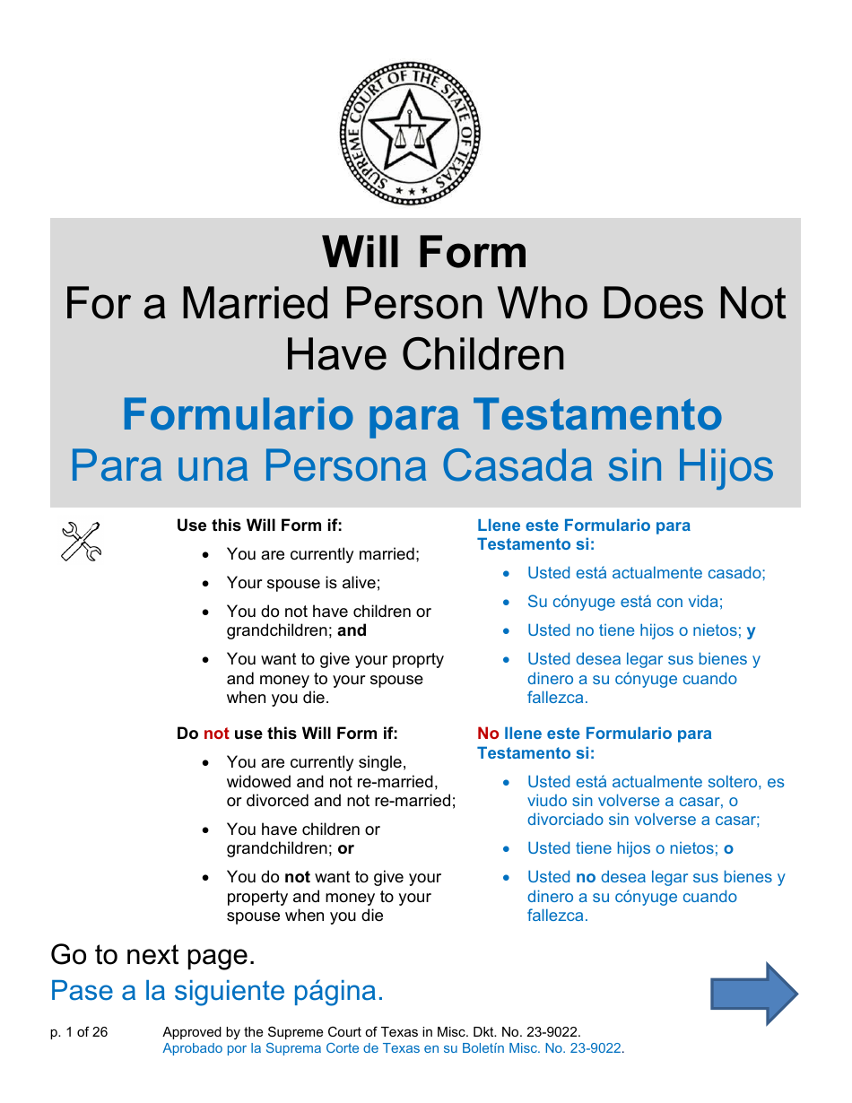 Will Form for a Married Person Who Does Not Have Children - Texas (English / Spanish), Page 1