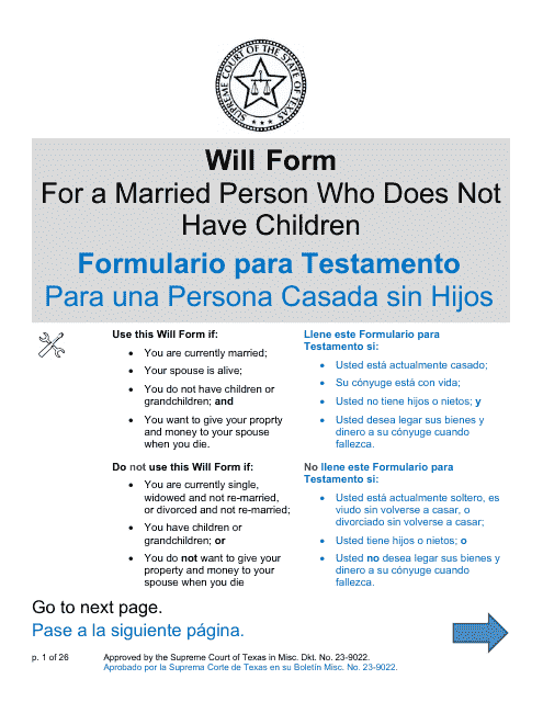 Will Form for a Married Person Who Does Not Have Children - Texas (English / Spanish) Download Pdf