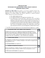 Document preview: Checklist for Tennessee Non-depository Public Trust Company Charter Application - Tennessee