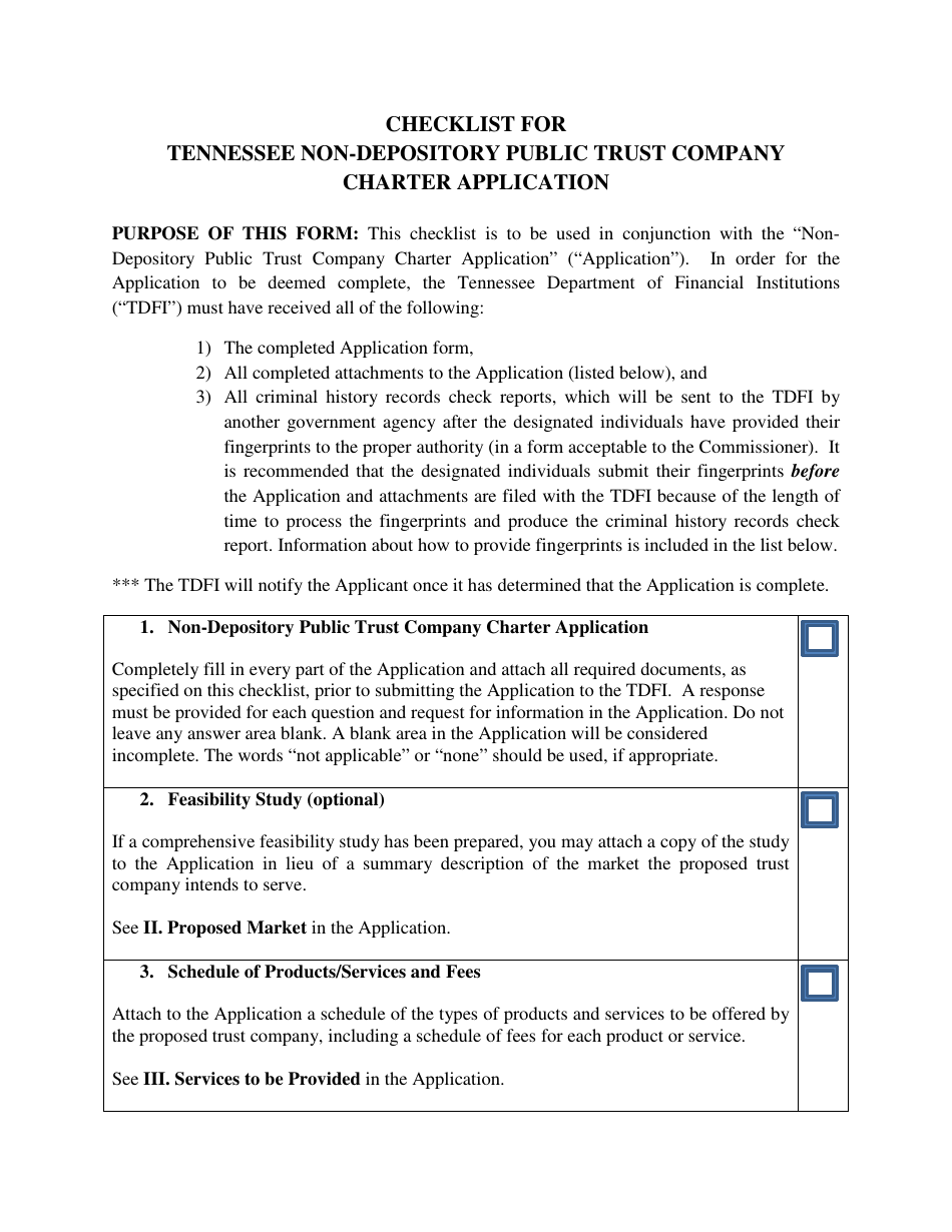 Checklist for Tennessee Non-depository Public Trust Company Charter Application - Tennessee, Page 1