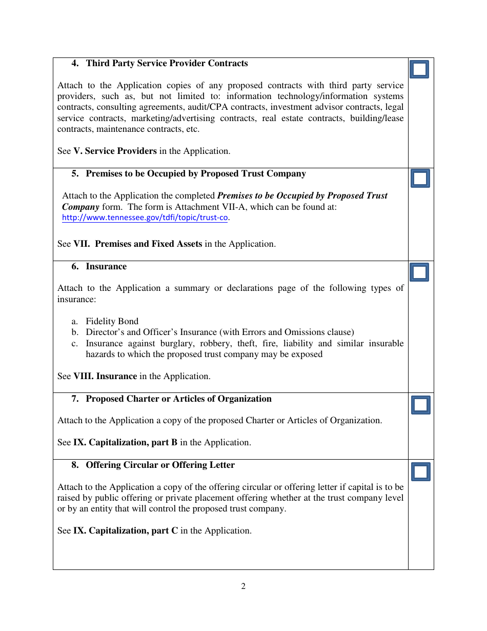 Checklist for Tennessee Non-depository Public Trust Company Charter Application - Tennessee, Page 2