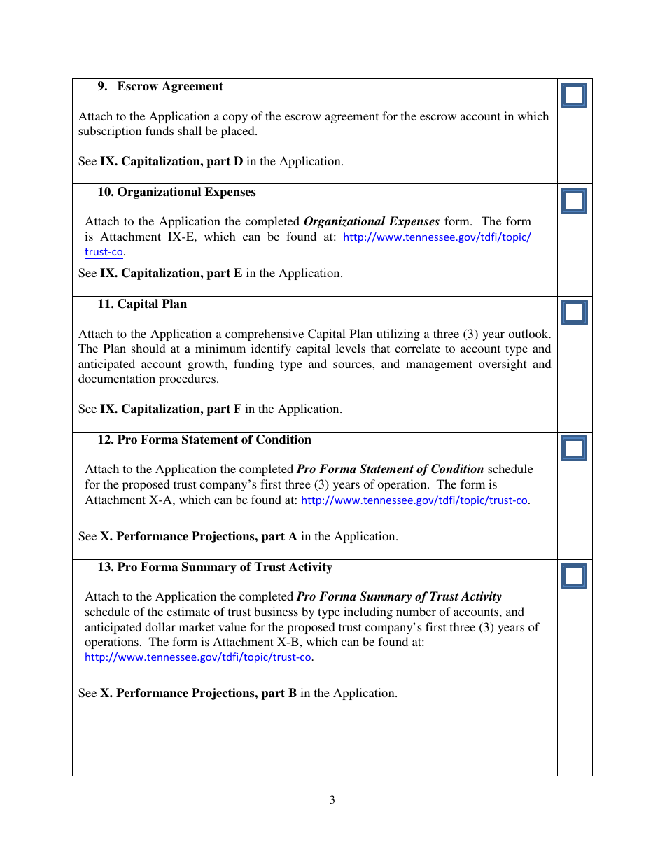 Checklist for Tennessee Non-depository Public Trust Company Charter Application - Tennessee, Page 3