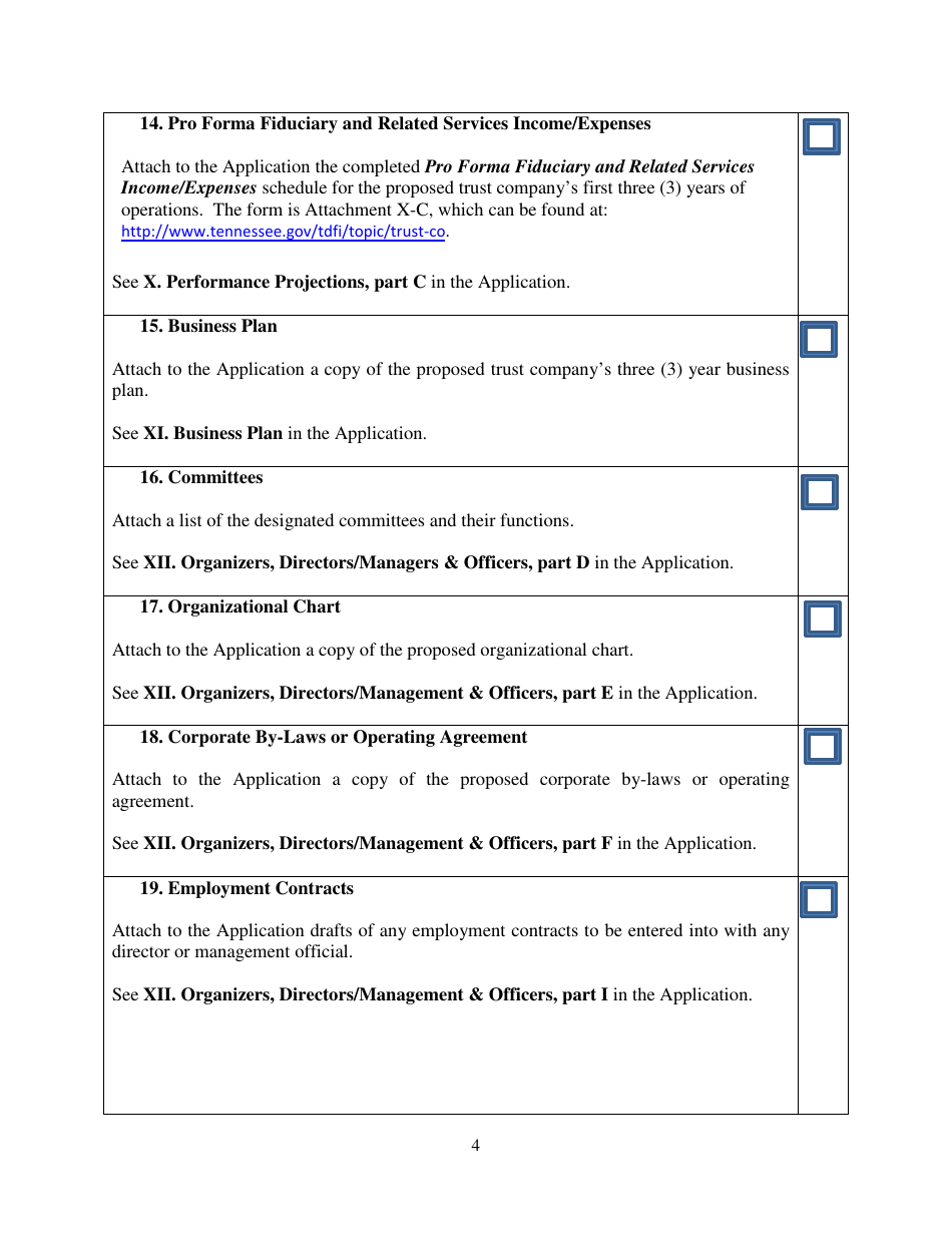 Checklist for Tennessee Non-depository Public Trust Company Charter Application - Tennessee, Page 4