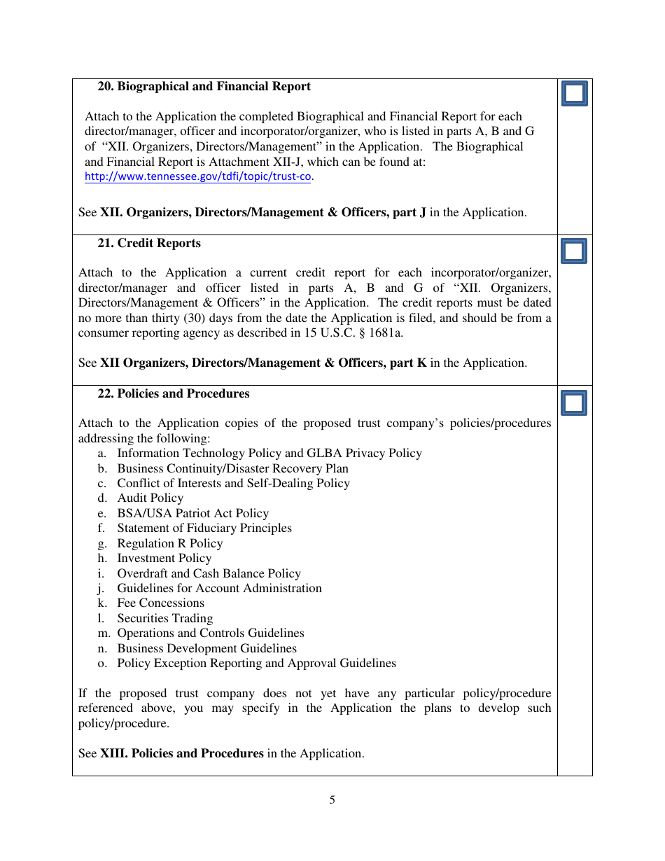 Checklist for Tennessee Non-depository Public Trust Company Charter Application - Tennessee, Page 5