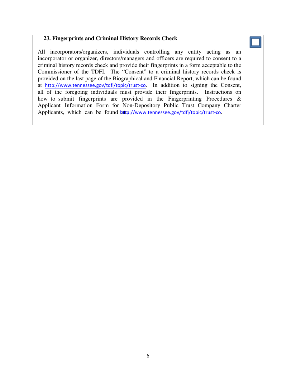 Checklist for Tennessee Non-depository Public Trust Company Charter Application - Tennessee, Page 6