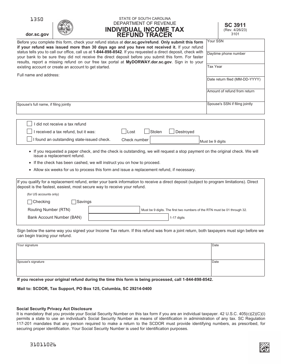 Form SC3911 Individual Income Tax Refund Tracer - North Carolina, Page 1