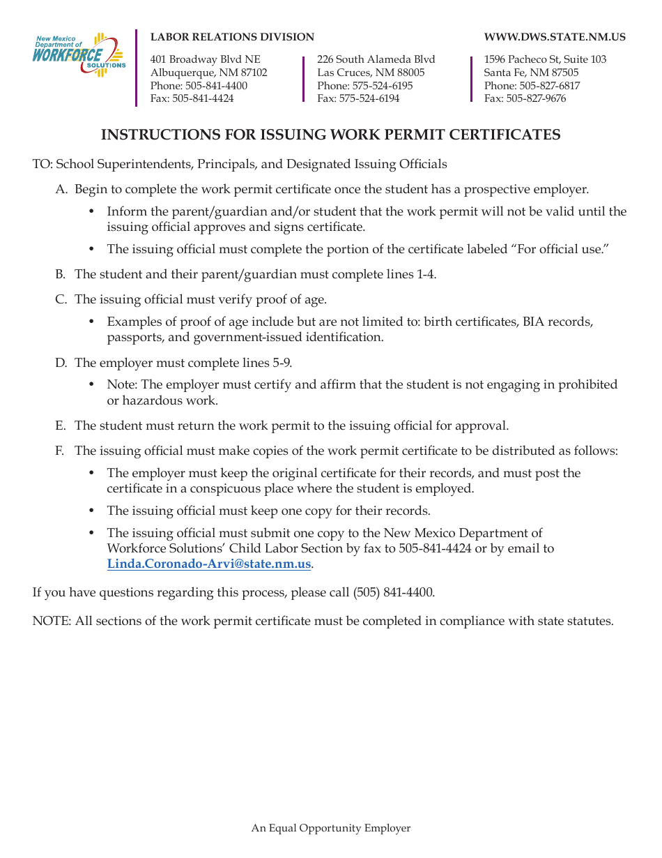 New Mexico Work Permit Certificate for Minors Under the Age of 16