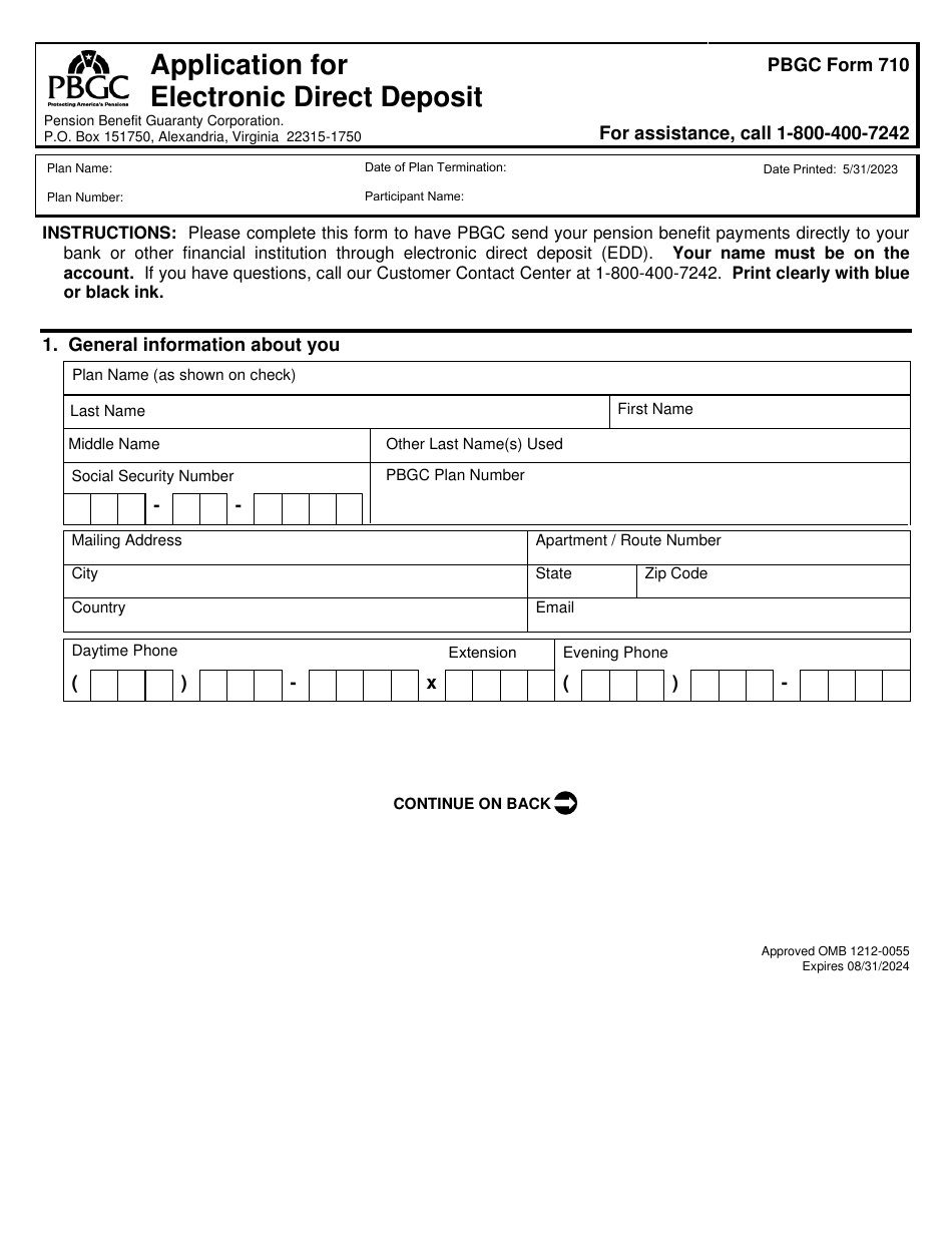 PBGC Form 710 Application for Electronic Direct Deposit, Page 1