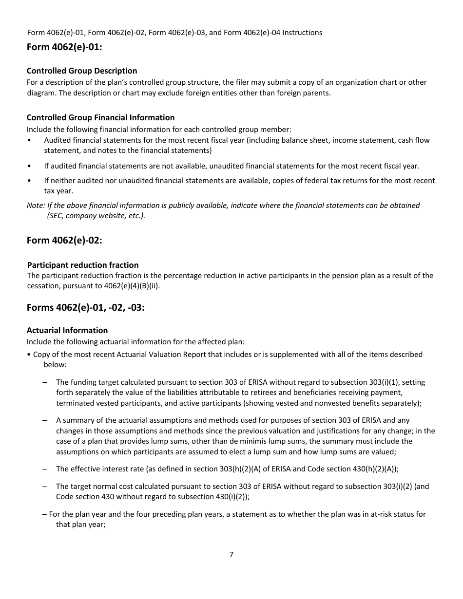 Instructions for PBGC Form 4062(E)-01, 4062(E)-02, 4062(E)-03, 4062(E)-04, Page 7