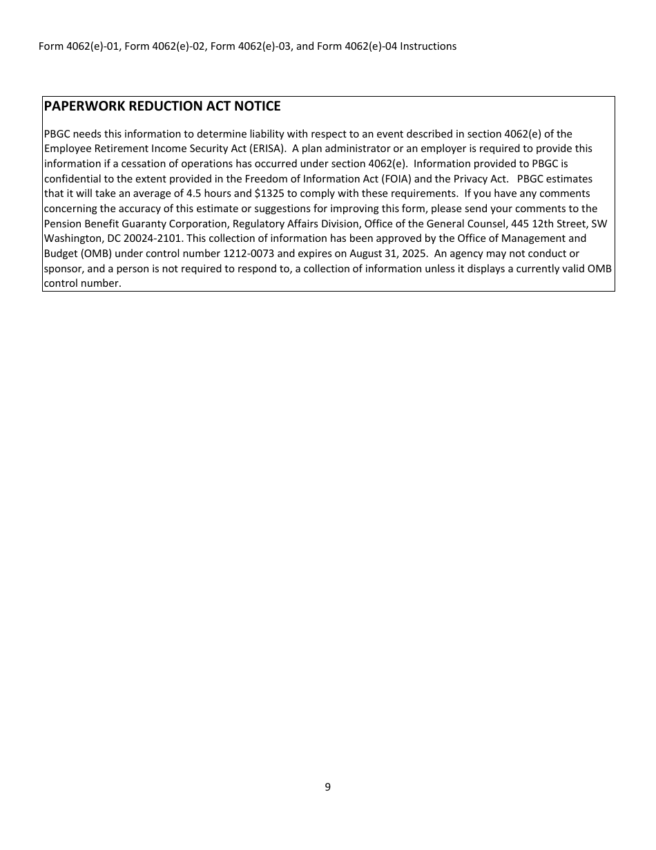 Instructions for PBGC Form 4062(E)-01, 4062(E)-02, 4062(E)-03, 4062(E)-04, Page 9