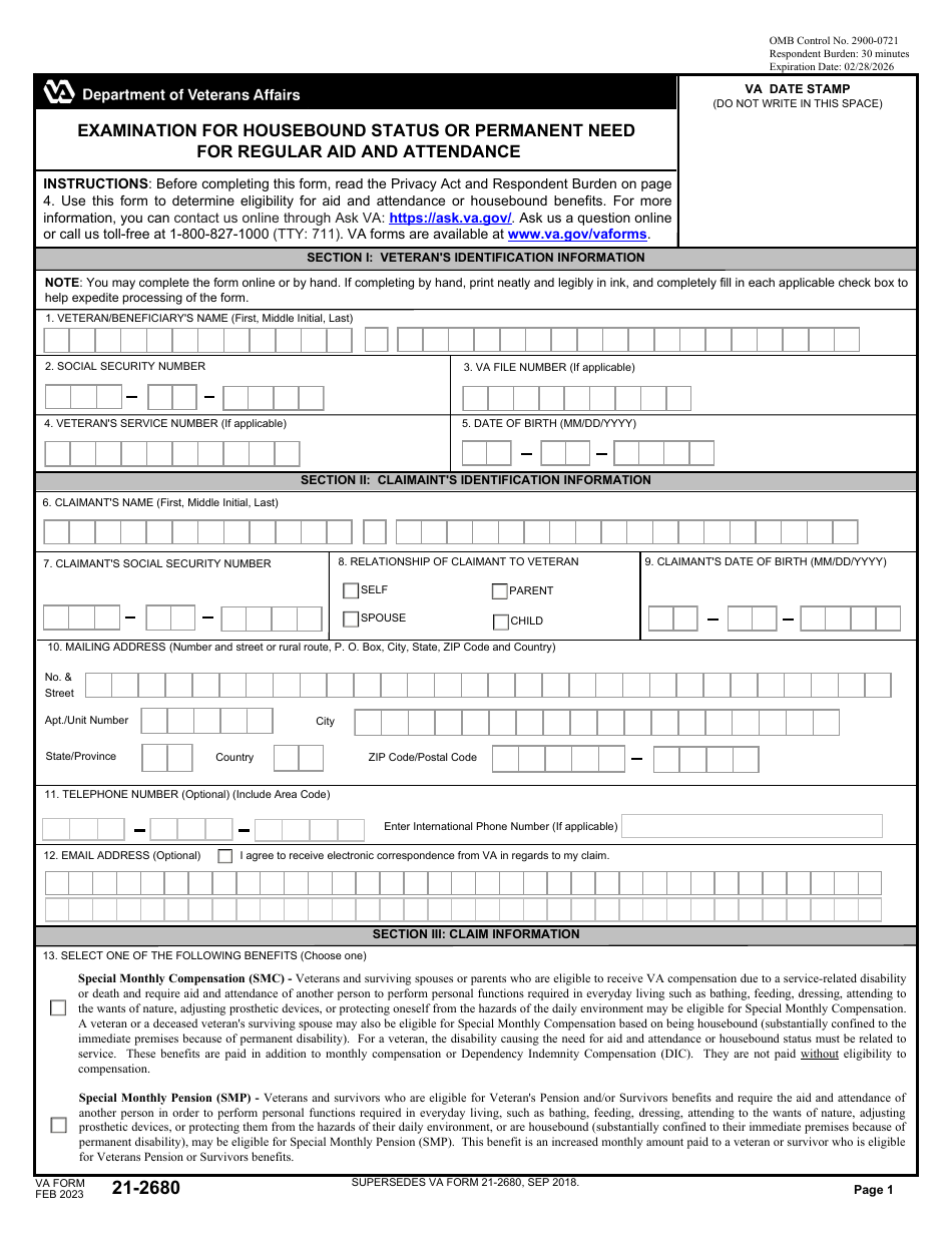 VA Form 21-2680 Examination for Housebound Status or Permanent Need for Regular Aid and Attendance, Page 1