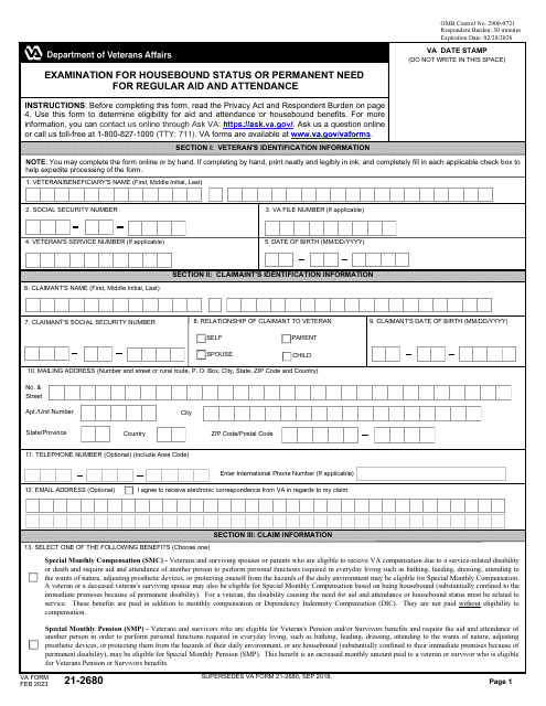 VA Form 21-2680 Examination for Housebound Status or Permanent Need for Regular Aid and Attendance