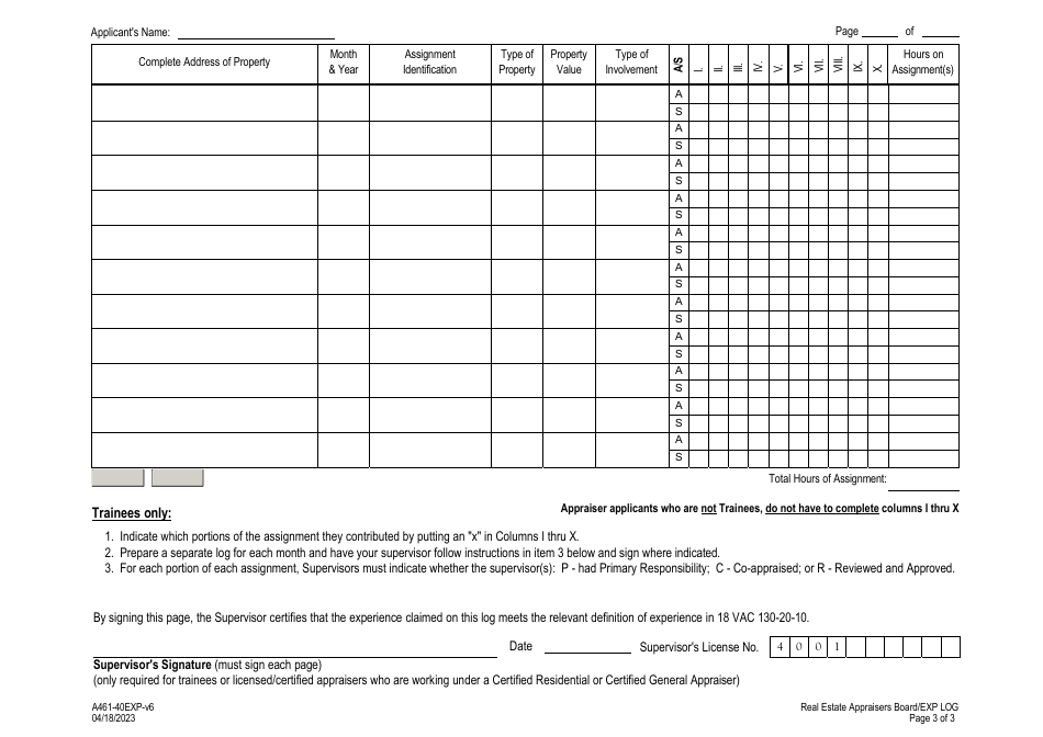 Form A461-40EXP Experience Log - Virginia, Page 3