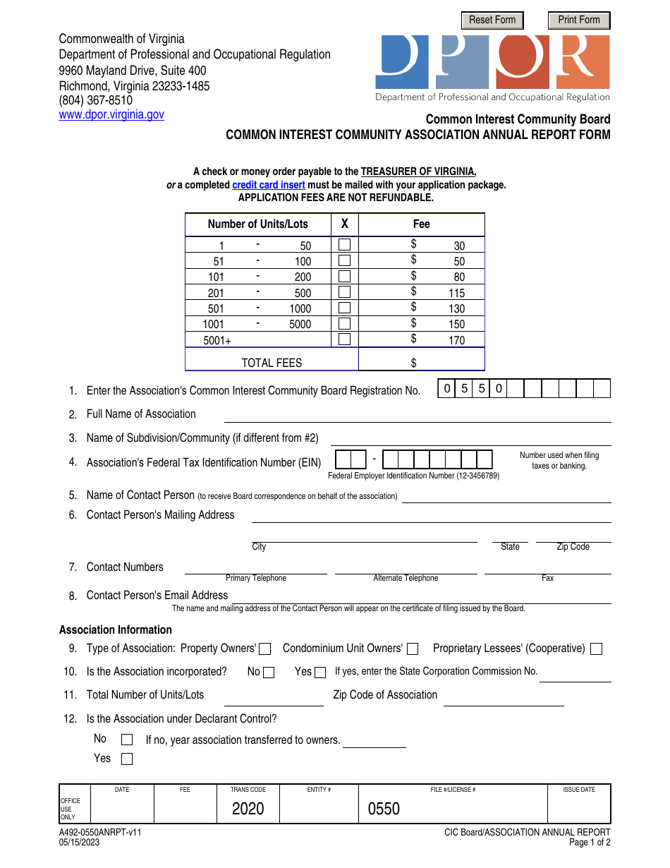Form A492-0550ANRPT Common Interest Community Association Annual Report Form - Virginia, Page 1