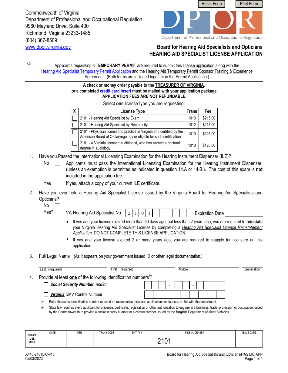 Form A440-2101LIC Hearing Aid Specialist License Application - Virginia, Page 1