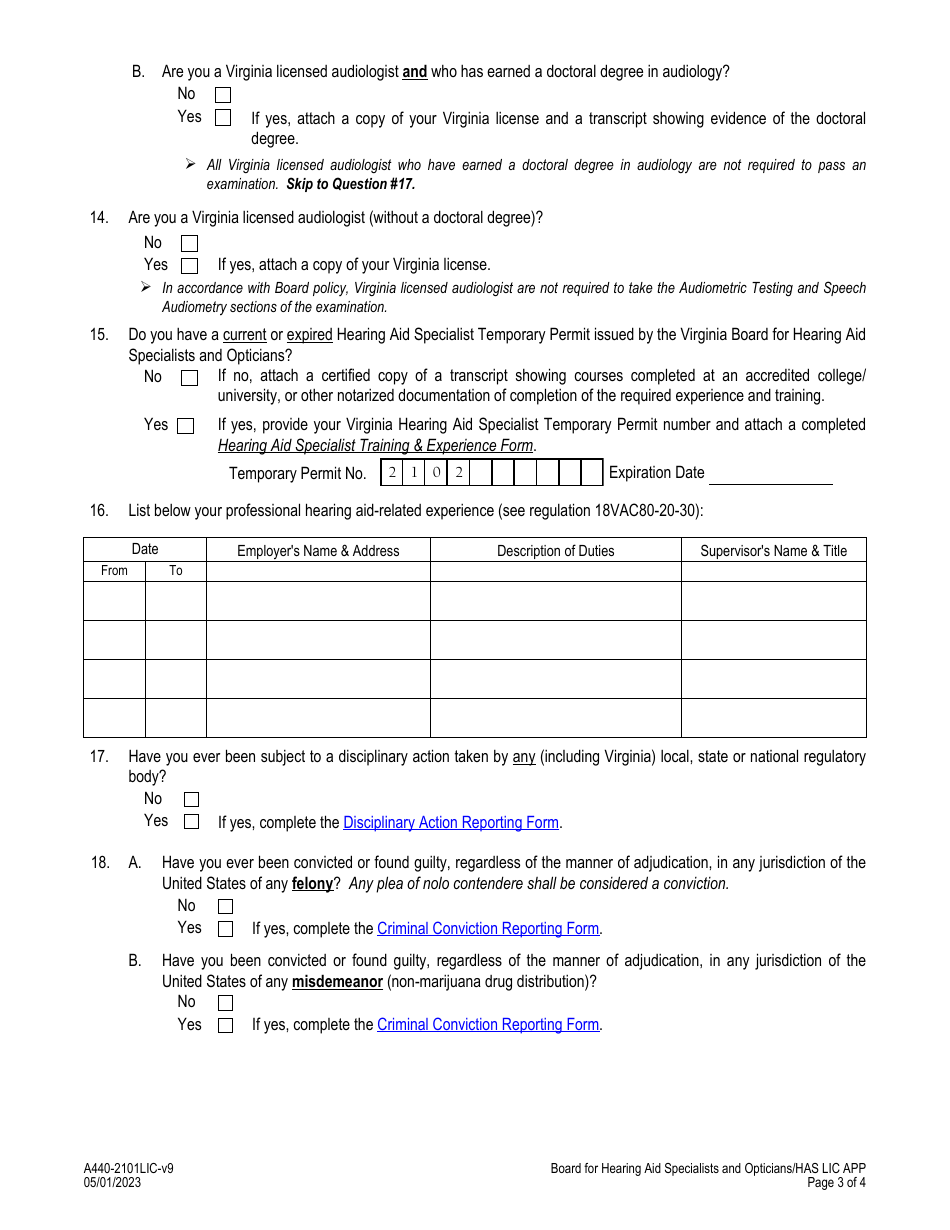 Form A440-2101LIC Hearing Aid Specialist License Application - Virginia, Page 3