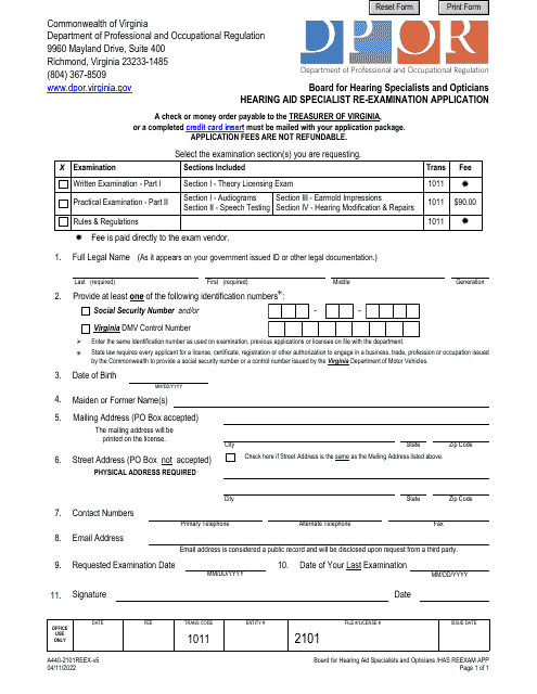 Form A440-2101REEX Hearing Aid Specialist Re-examination Application - Virginia