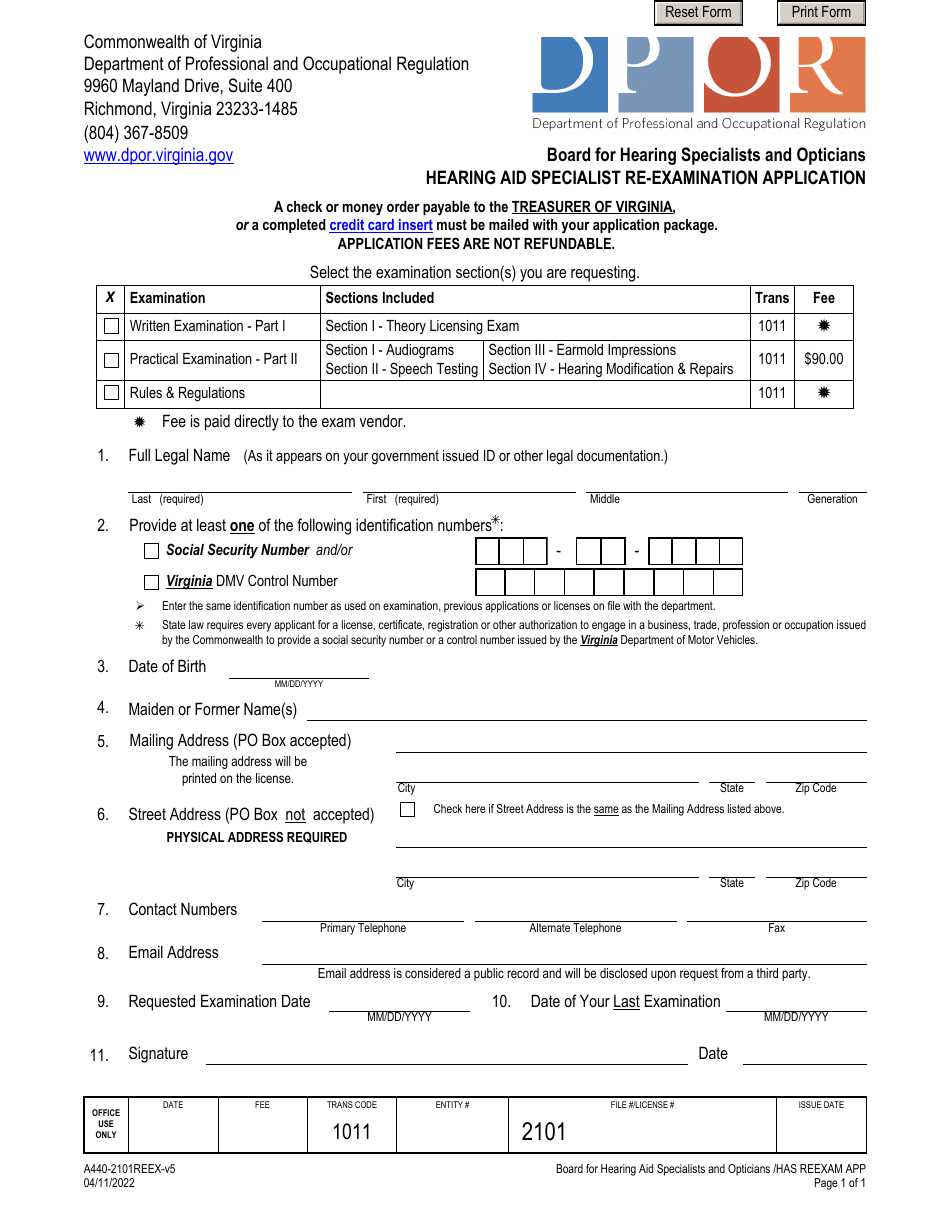 Form A440 2101reex Download Fillable Pdf Or Fill Online Hearing Aid Specialist Re Examination 1780