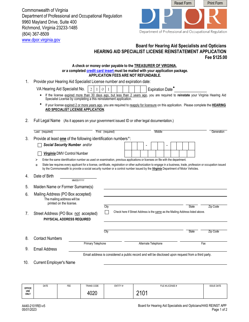 Form A440-2101REI Hearing Aid Specialist License Reinstatement Application - Virginia, Page 1