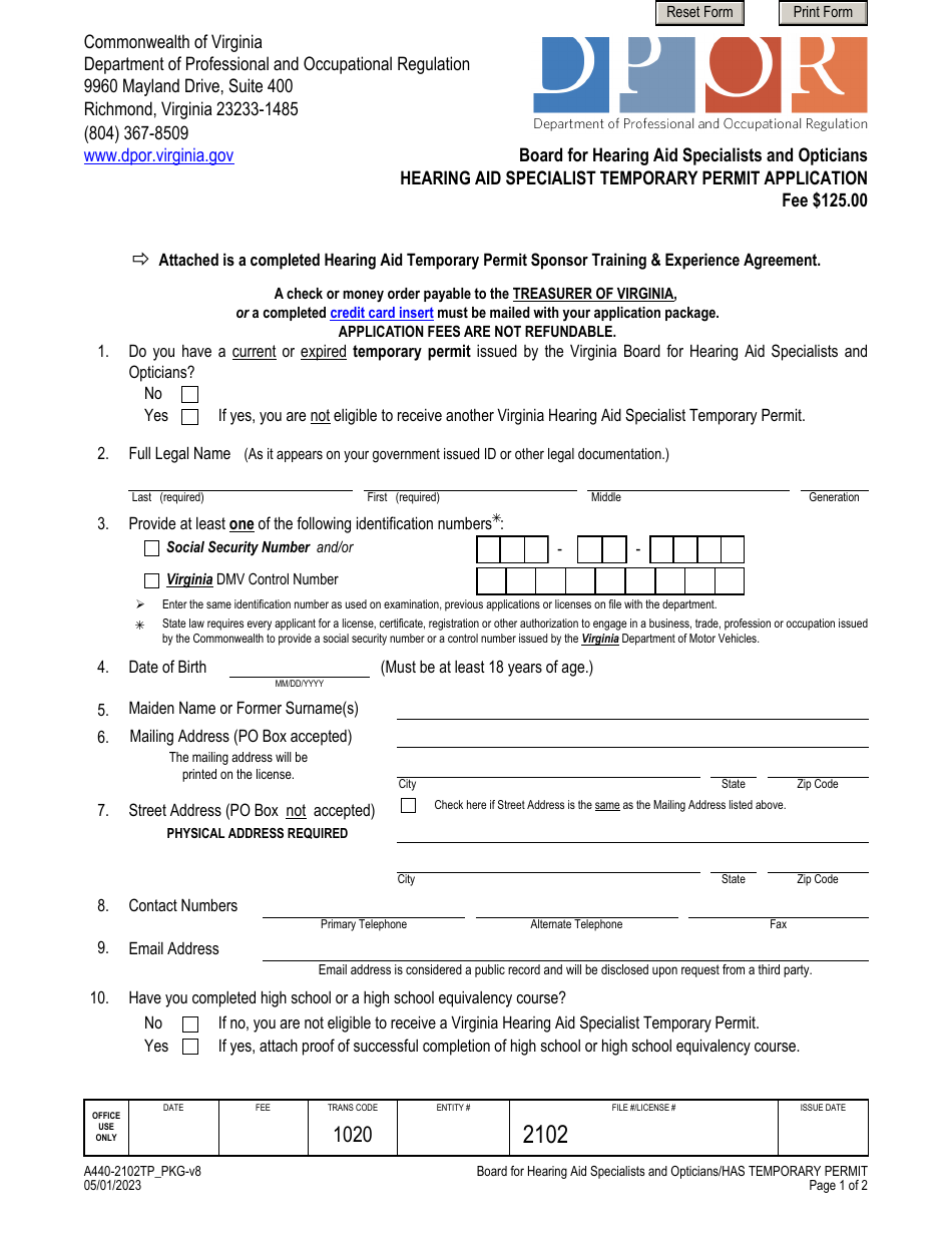 Form A440-2102TP Hearing Aid Specialist Temporary Permit Application - Virginia, Page 1