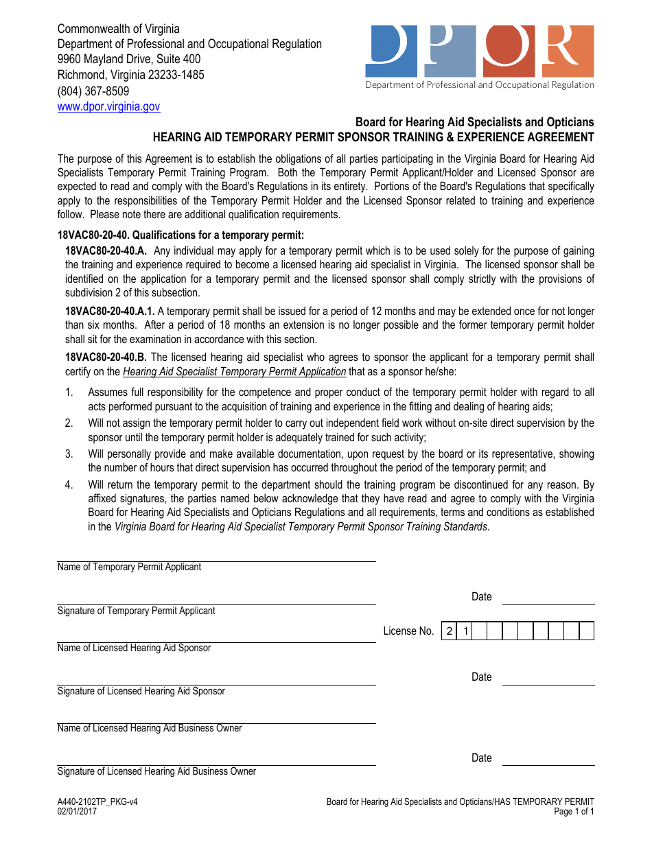 Form A440-2102TP Hearing Aid Specialist Temporary Permit Application - Virginia, Page 3
