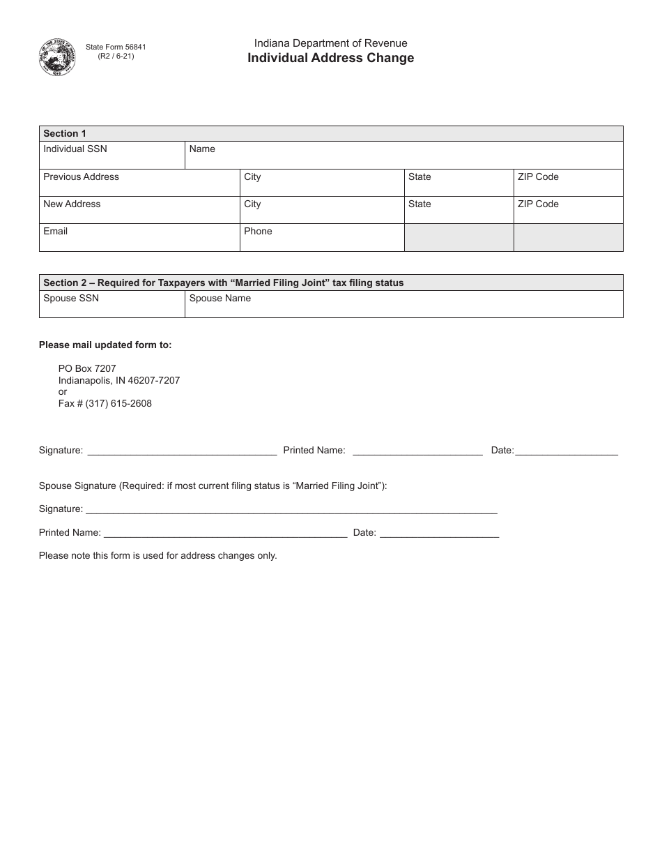 State Form 56841 Individual Address Change - Indiana, Page 1