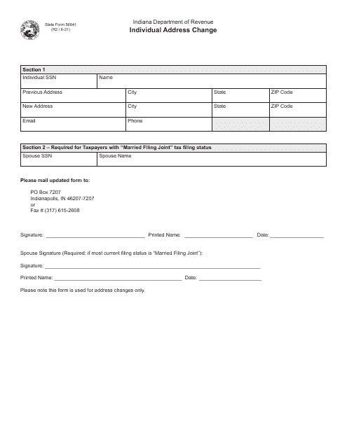 State Form 56841 Individual Address Change - Indiana