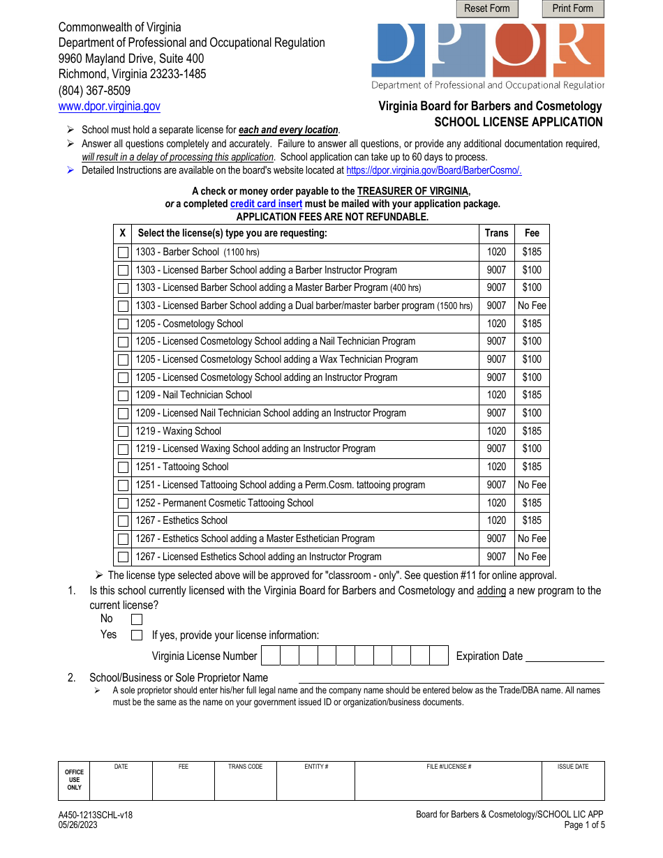 Form A450-1213SCHL School License Application - Virginia, Page 1