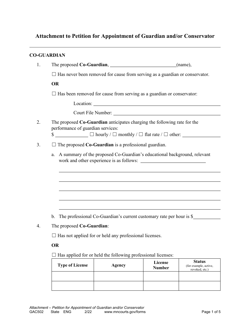 Form GAC502 Attachment to Petition for Appointment of Guardian and / or Conservator - Minnesota, Page 1