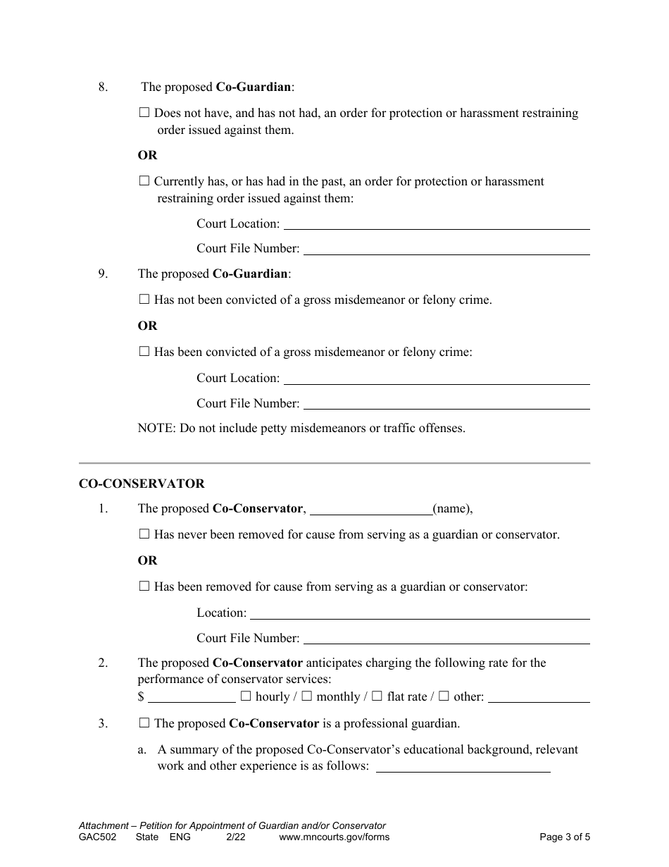 Form GAC502 Attachment to Petition for Appointment of Guardian and / or Conservator - Minnesota, Page 3