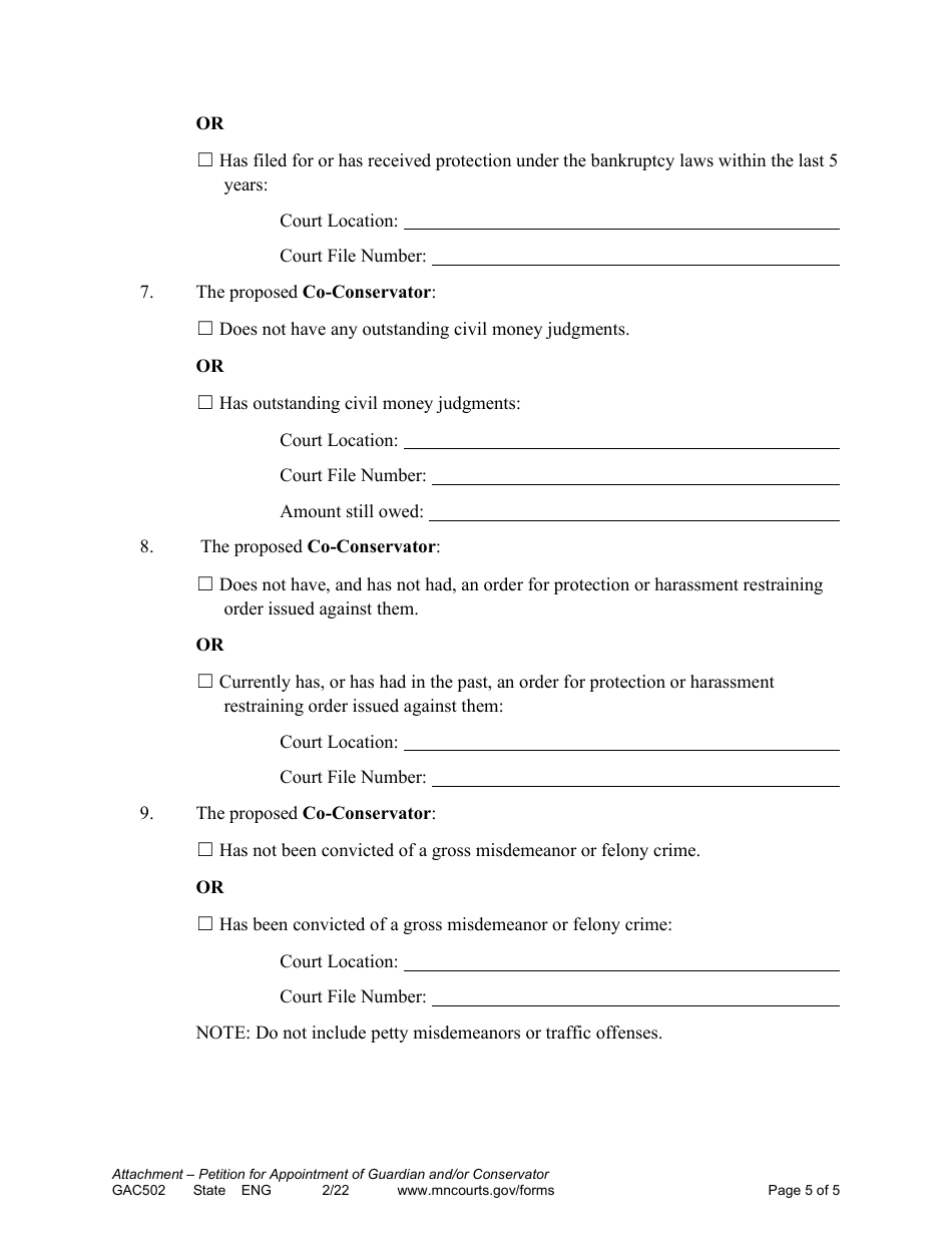 Form GAC502 Attachment to Petition for Appointment of Guardian and / or Conservator - Minnesota, Page 5