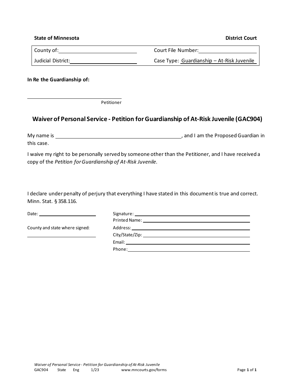 Form GAC904 Waiver of Personal Service - Petition for Guardianship of at-Risk Juvenile - Minnesota, Page 1