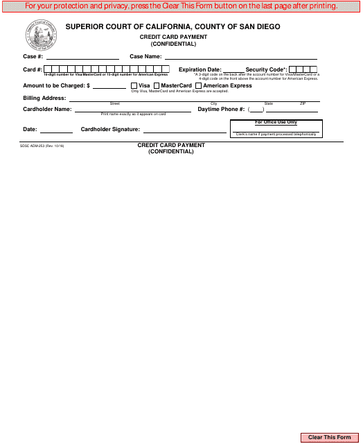 Form ADM-253 Credit Card Payment (Confidential) - County of San Diego, California