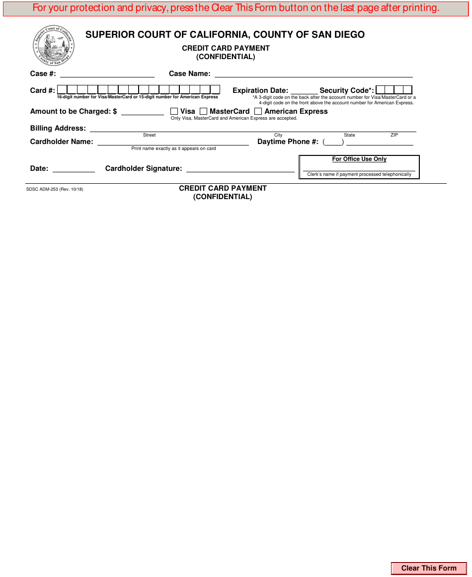 Form ADM-253 Credit Card Payment (Confidential) - County of San Diego, California, Page 1