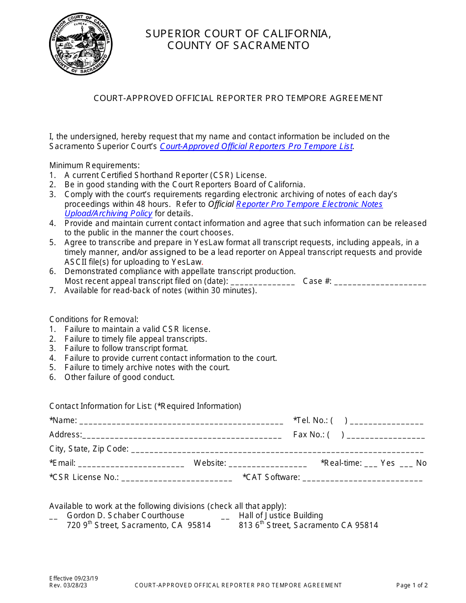 Court-Approved Official Reporter Pro Tempore Agreement - County of Sacramento, California, Page 1