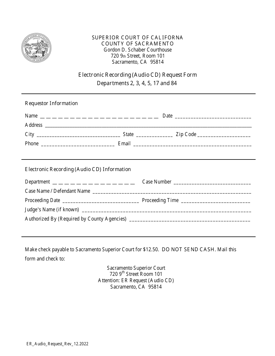 Electronic Recording (Audio Cd) Request Form for Departments 2, 3, 4, 5, 17 and 84 - County of Sacramento, California, Page 1