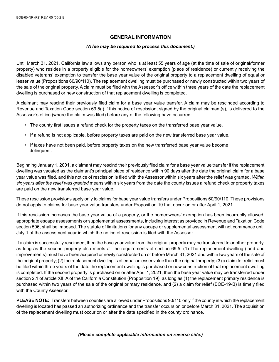 Form BOE-60-NR Notice of Rescission of Claim to Transfer Base Year Value to Replacement Dwelling Under Revenue and Taxation Code Section 69.5 (Propositions 60 / 90 / 110) - Santa Cruz County, California, Page 2