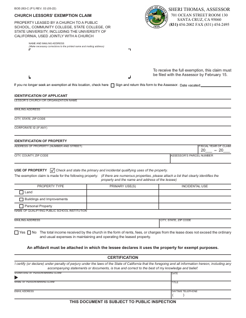 Form BOE-263-C Church Lessors' Exemption Claim - Santa Cruz County, California