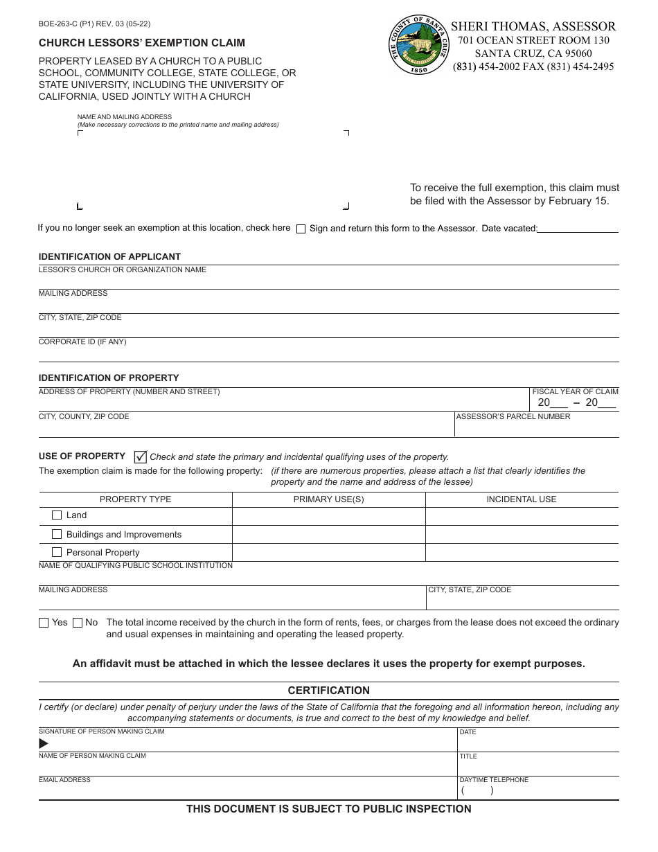 Form BOE-263-C Church Lessors Exemption Claim - Santa Cruz County, California, Page 1