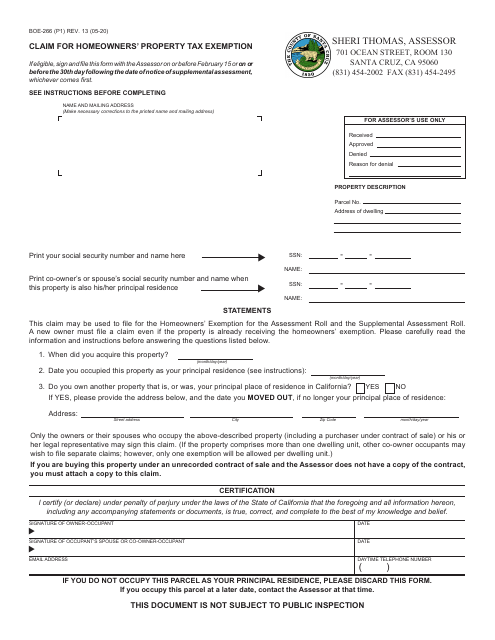 Form BOE-266 Claim for Homeowners' Property Tax Exemption - Santa Cruz County, California