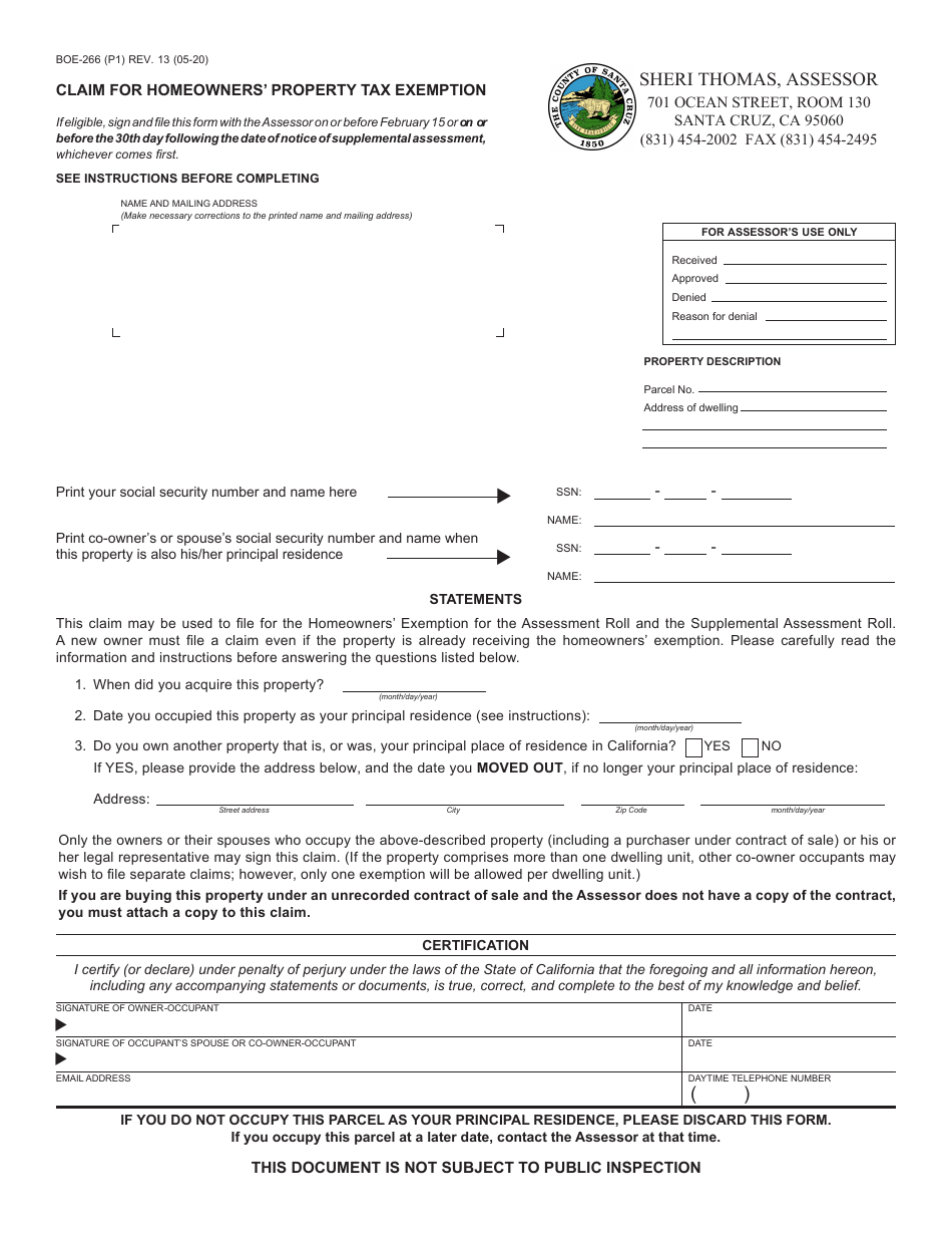 Form BOE-266 Claim for Homeowners Property Tax Exemption - Santa Cruz County, California, Page 1