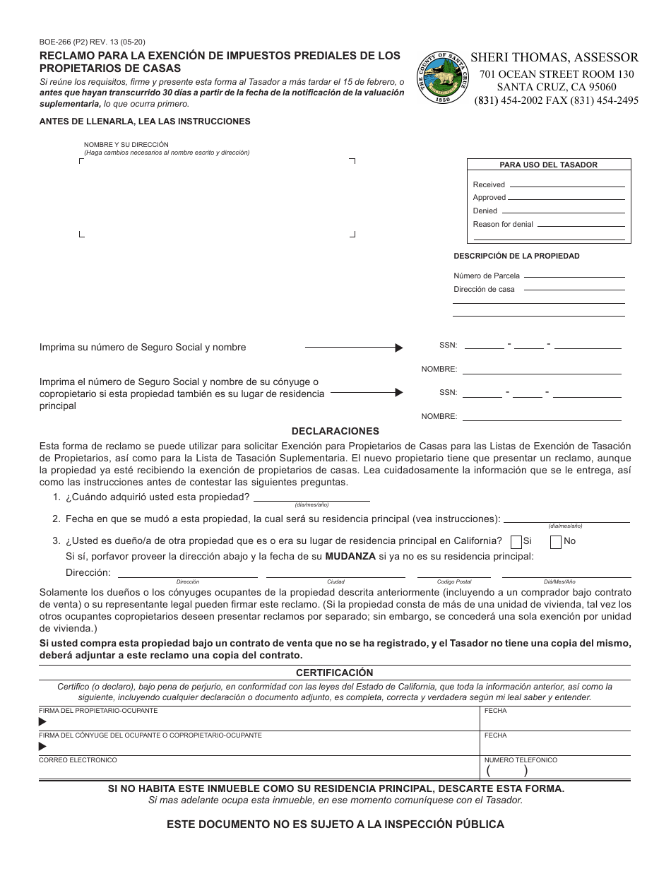 Formulario BOE-266 Reclamo Para La Exencion De Impuestos Prediales De Los Propietarios De Casas - Santa Cruz County, California (Spanish), Page 1
