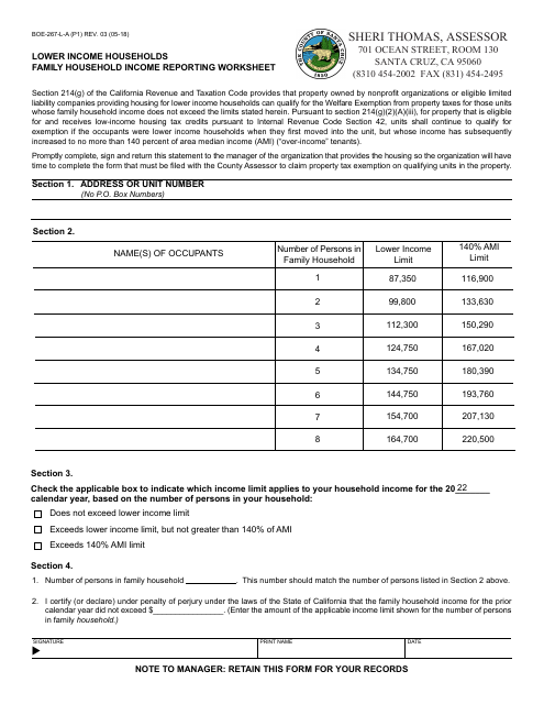 Form BOE-267-L-A Lower Income Households Family Household Income Reporting Worksheet - Santa Cruz County, California