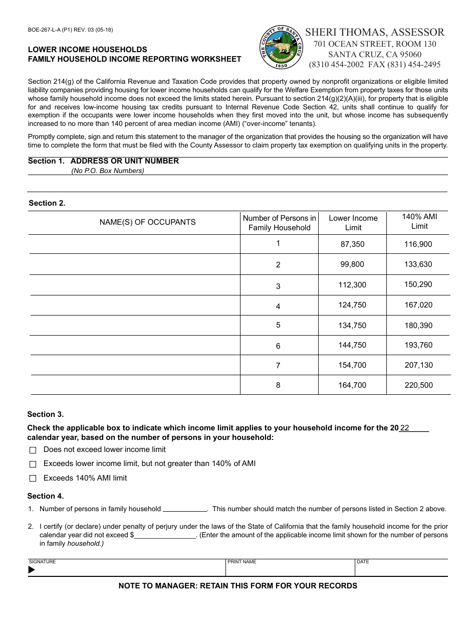 Form BOE-267-L-A Lower Income Households Family Household Income Reporting Worksheet - Santa Cruz County, California, Page 1