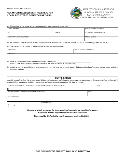 Form BOE-62-LRDP Claim for Reassessment Reversal for Local Registered Domestic Partners - Santa Cruz County, California