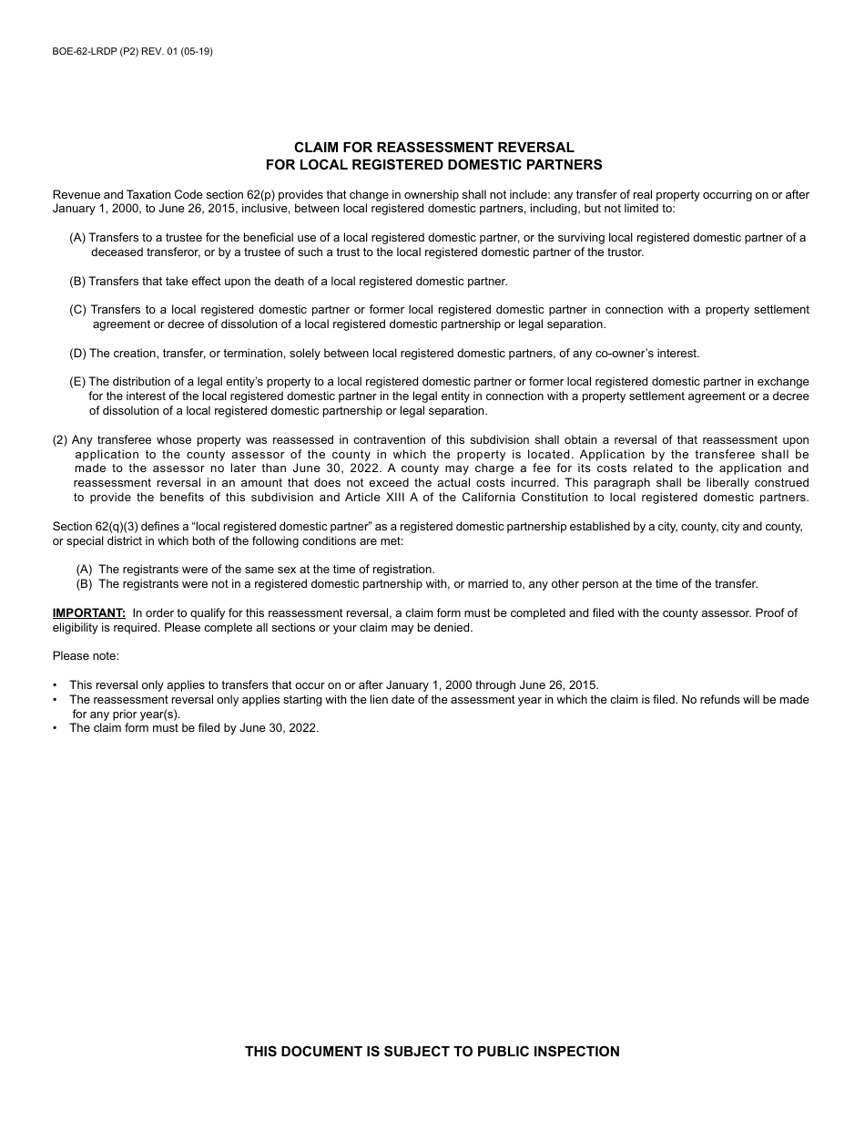 Form BOE-62-LRDP Claim for Reassessment Reversal for Local Registered Domestic Partners - Santa Cruz County, California, Page 2