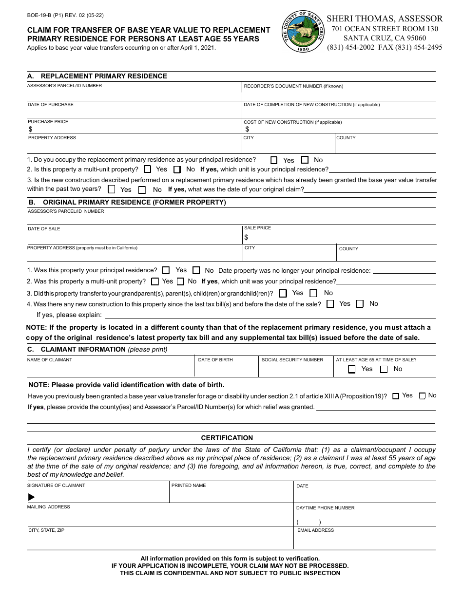 Form BOE-19-B - Fill Out, Sign Online And Download Fillable PDF, Santa ...